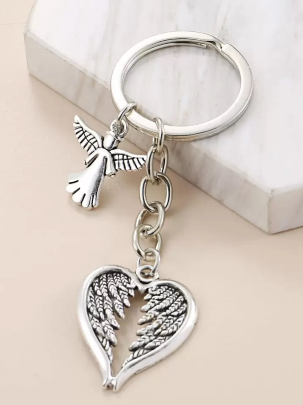 Silver Angel Wing Heart Keychain memorial gift 717